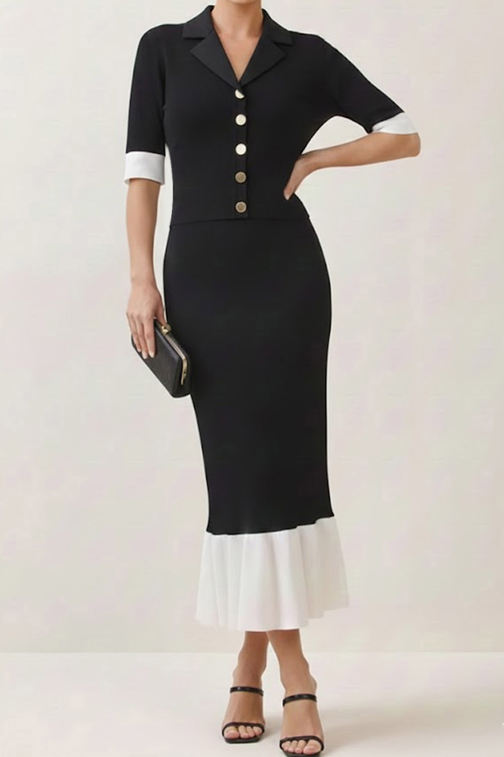 Black Work Dress Mermaid Lapel Short Sleeve Maxi Dress