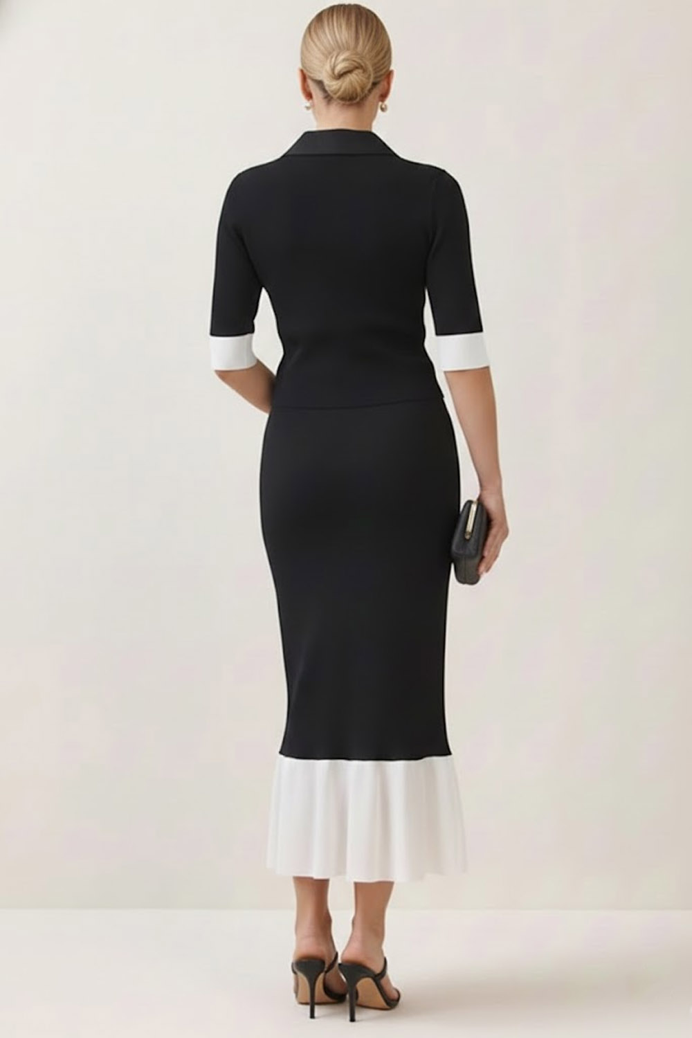 Black Work Dress Mermaid Lapel Short Sleeve Maxi Dress