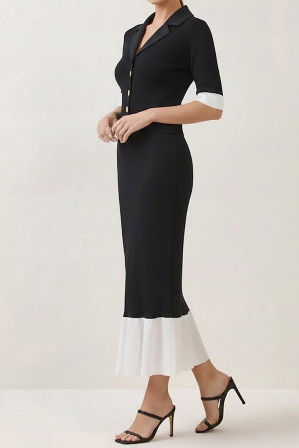 Black Work Dress Mermaid Lapel Short Sleeve Maxi Dress