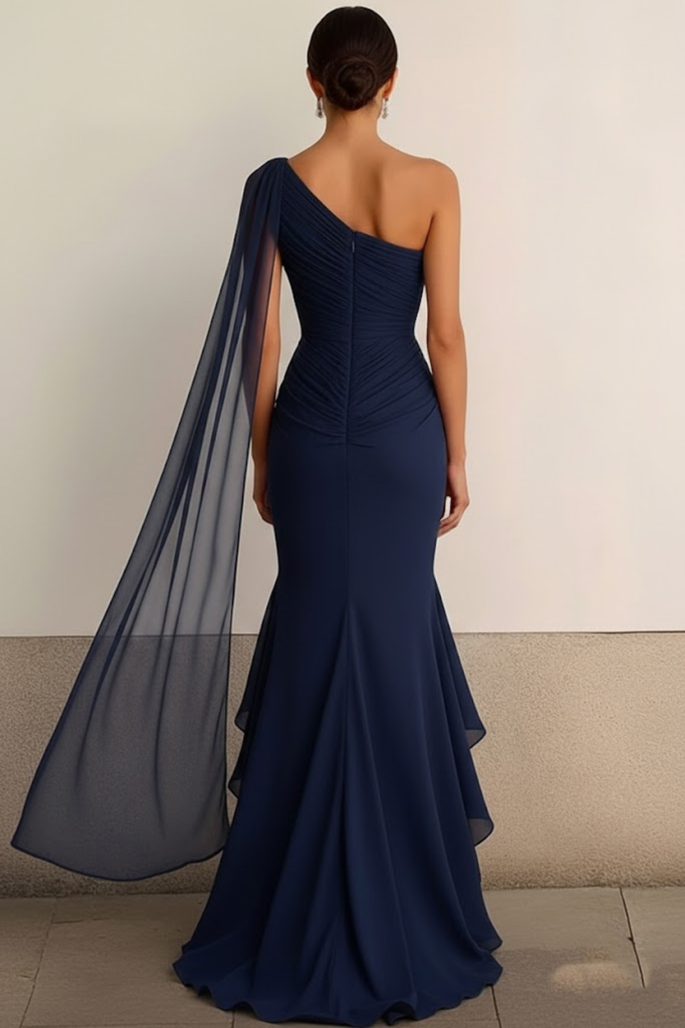 Navy Formal Dress Mermaid One Shoulder Chiffon Asymmetrical Dress with Cape