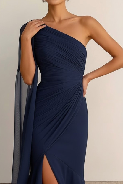 Navy Formal Dress Mermaid One Shoulder Chiffon Asymmetrical Dress with Cape