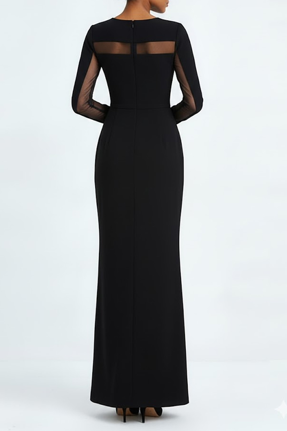 Black Formal Dress Round Neck Long Sleeve Chiffon Maxi Dress 
