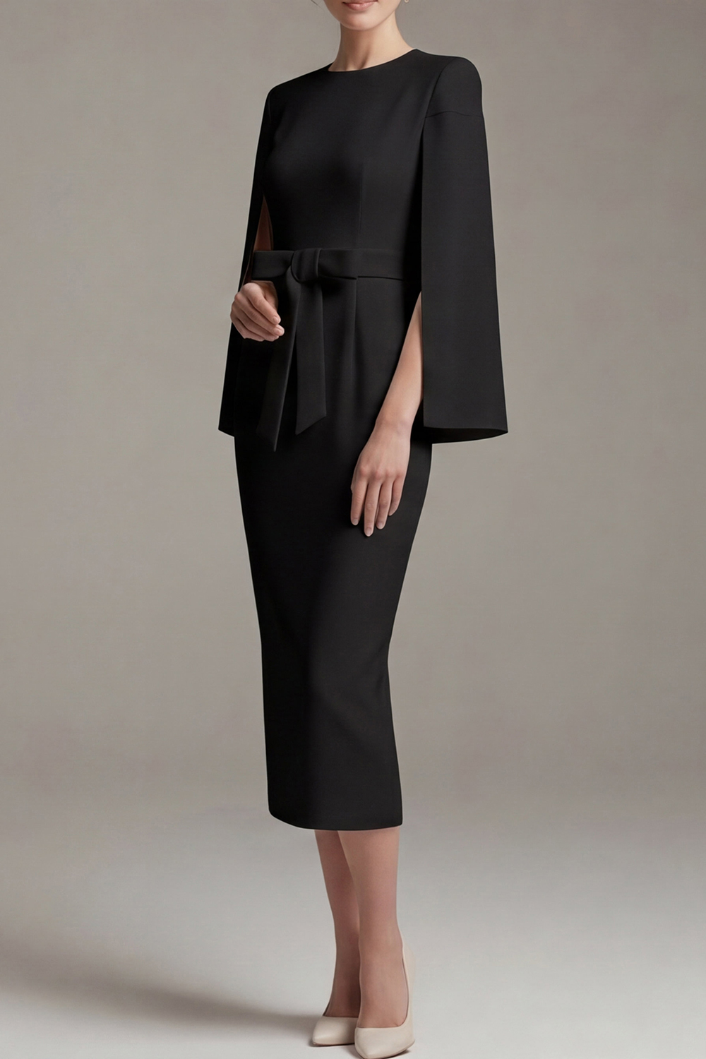 White Formal Work Dress Round Neck Cape Midi Dress with Bowknot