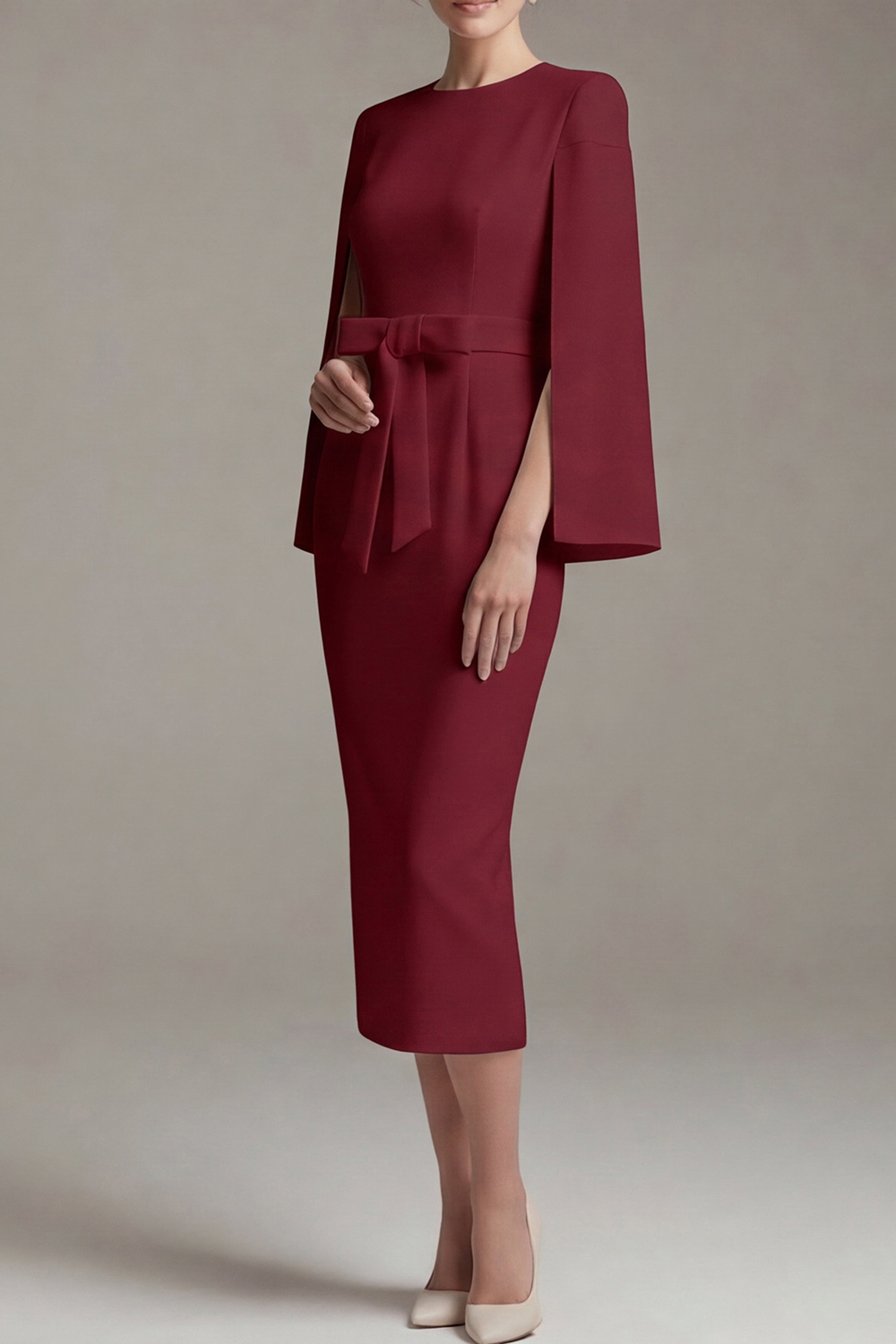 White Formal Work Dress Round Neck Cape Midi Dress with Bowknot