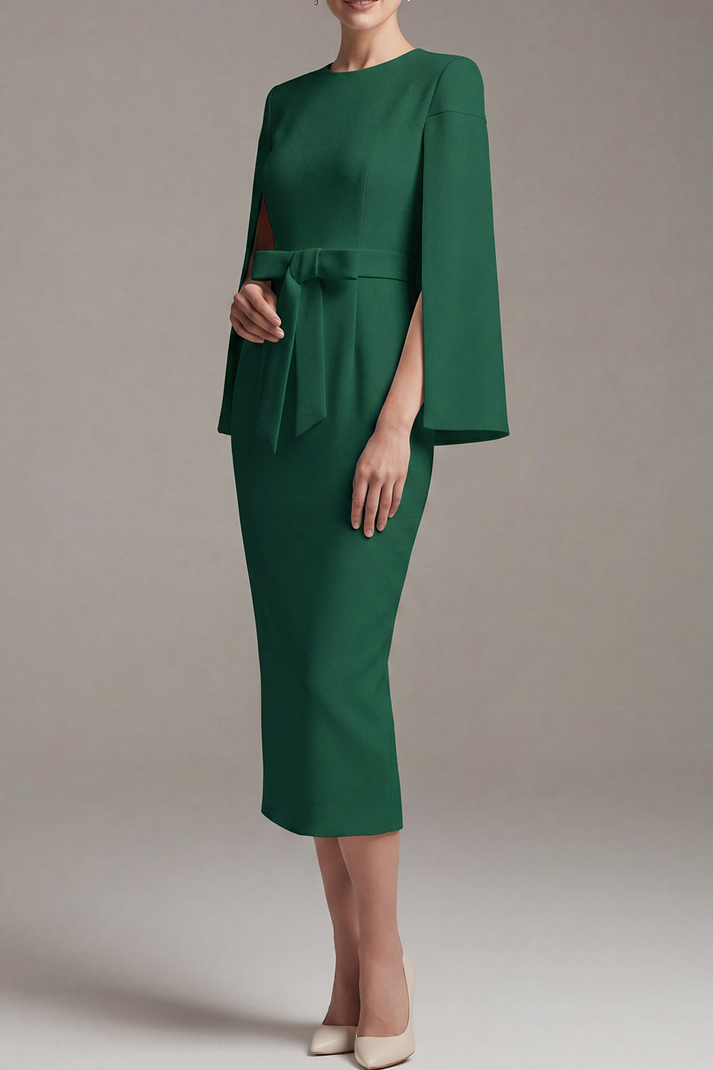 White Formal Work Dress Round Neck Cape Midi Dress with Bowknot
