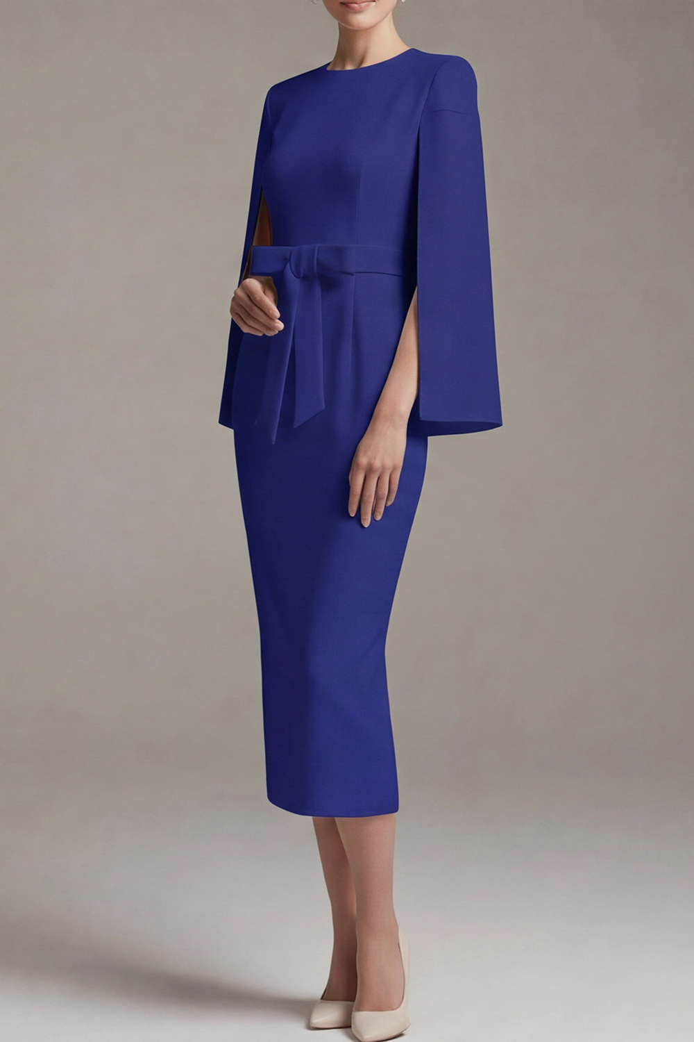 White Formal Work Dress Round Neck Cape Midi Dress with Bowknot