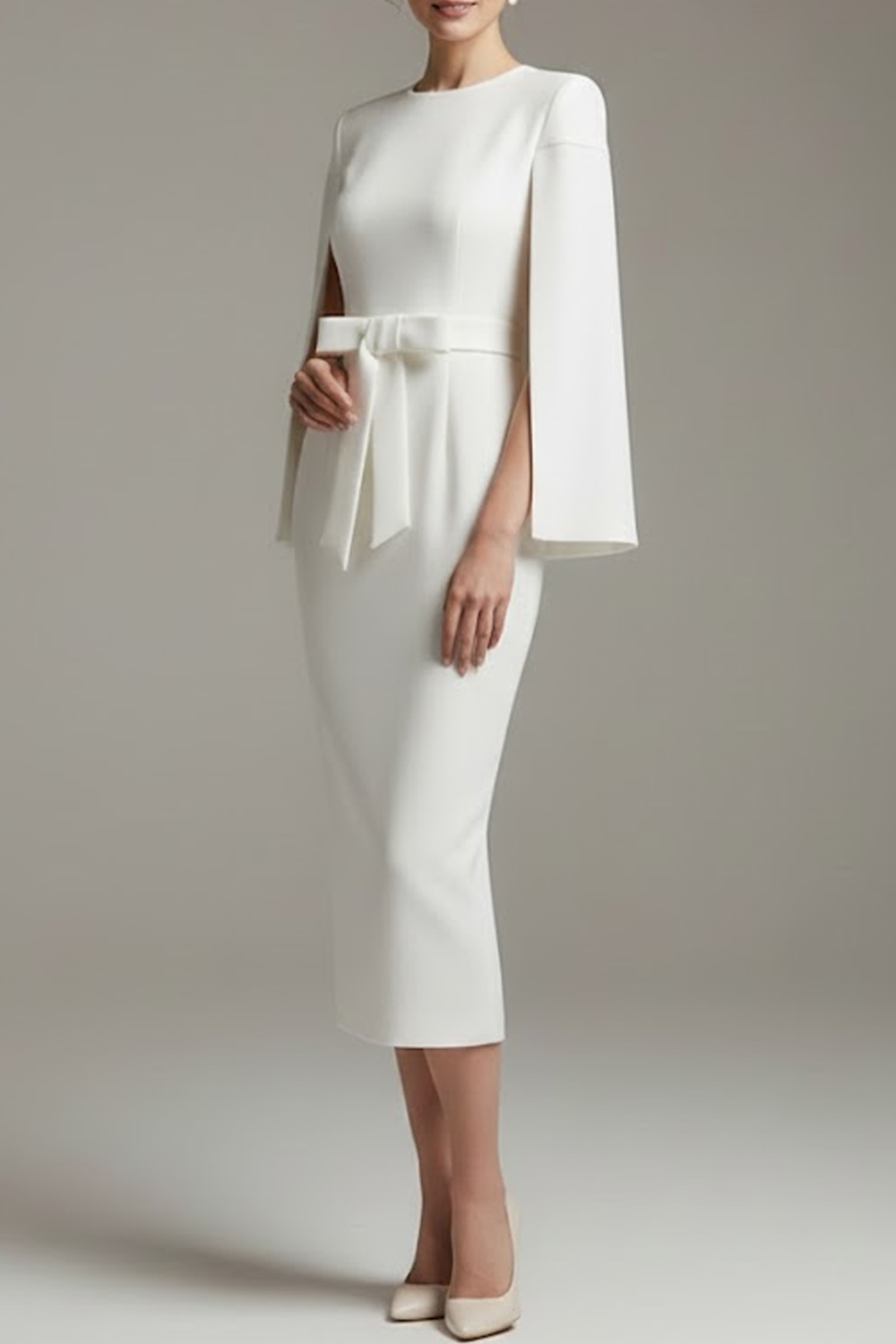 White Formal Work Dress Round Neck Cape Midi Dress with Bowknot