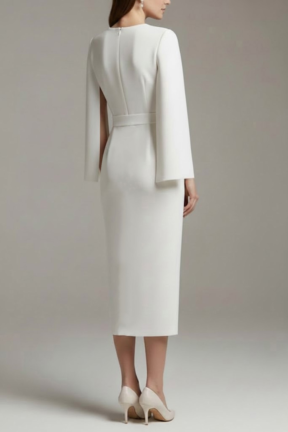 White Formal Work Dress Round Neck Cape Midi Dress with Bowknot