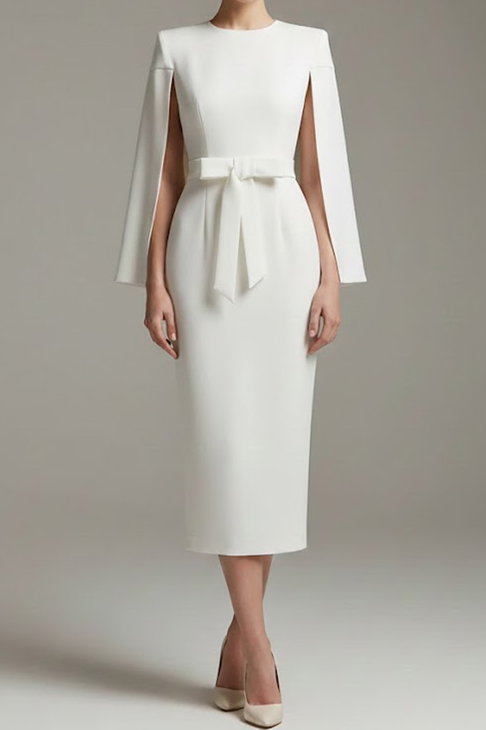 White Formal Work Dress Round Neck Cape Midi Dress with Bowknot