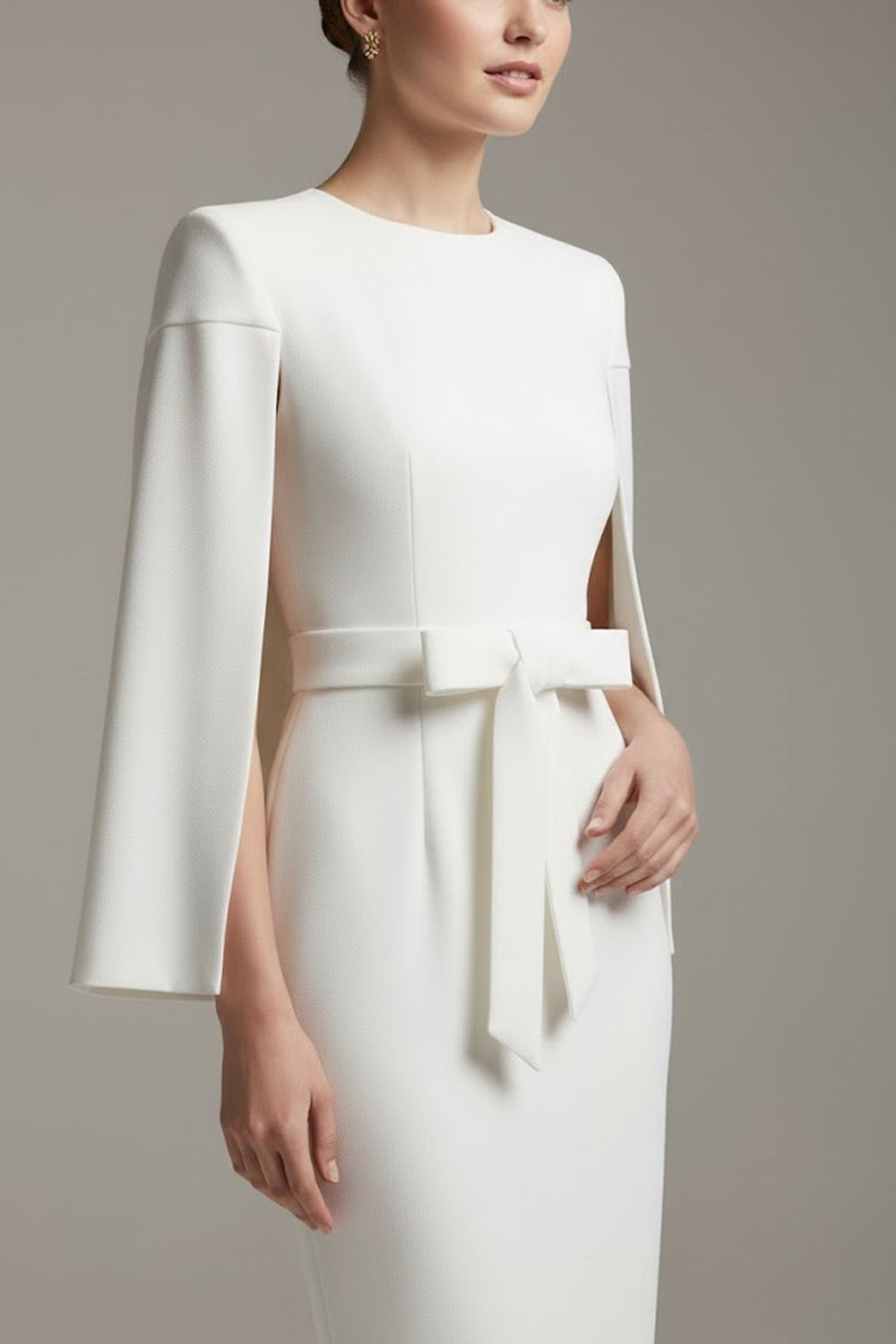 White Formal Work Dress Round Neck Cape Midi Dress with Bowknot