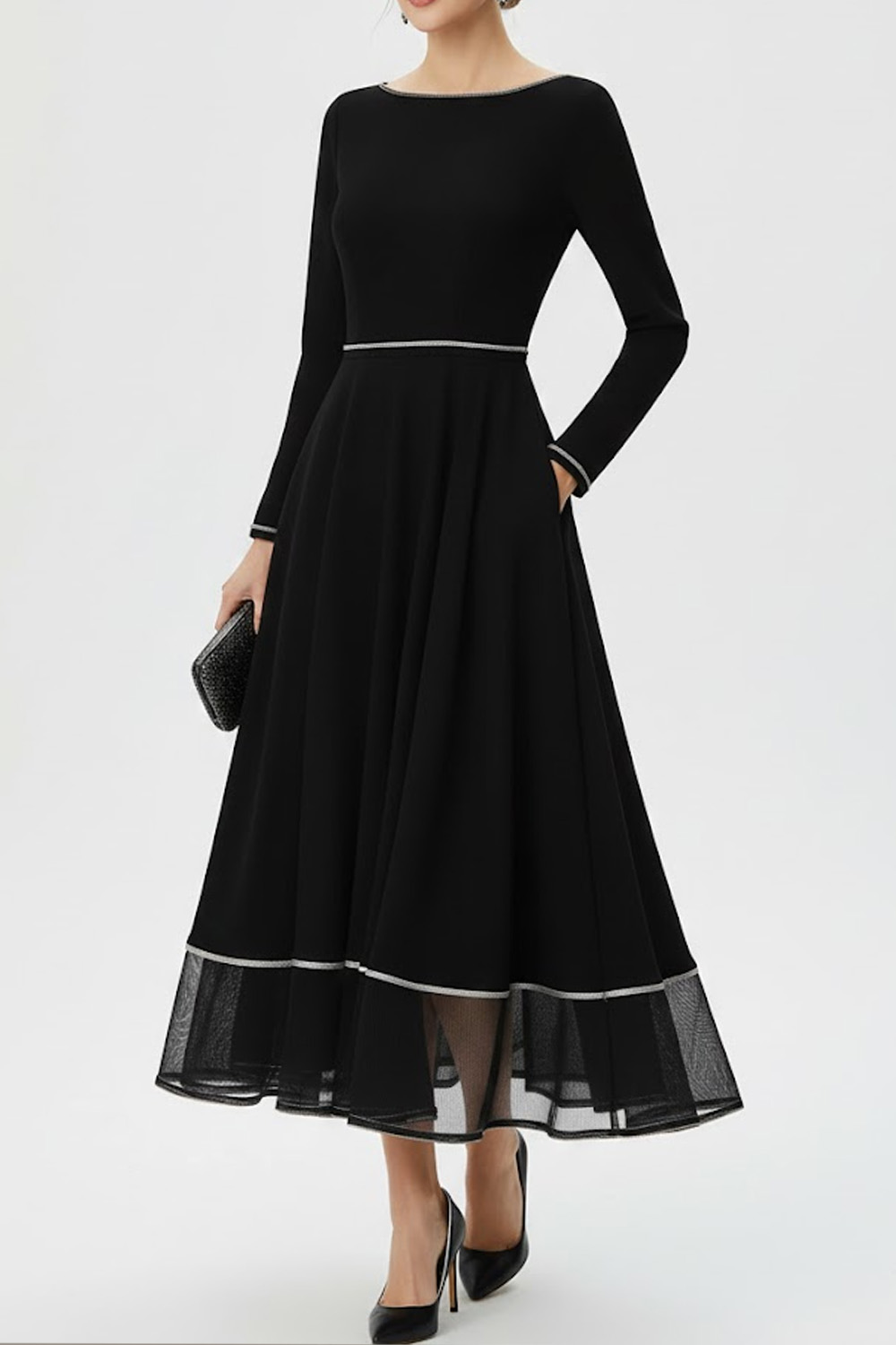 Black Formal Dress A-Line Crew Neck Long Sleeve Chiffon Maxi Dress 