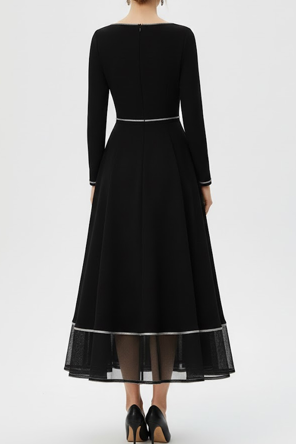 Black Formal Dress A-Line Crew Neck Long Sleeve Chiffon Maxi Dress 