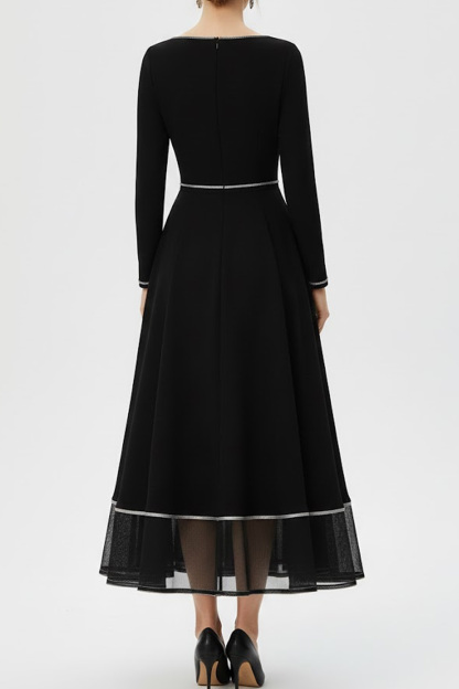 Black Formal Dress A-Line Crew Neck Long Sleeve Chiffon Maxi Dress 