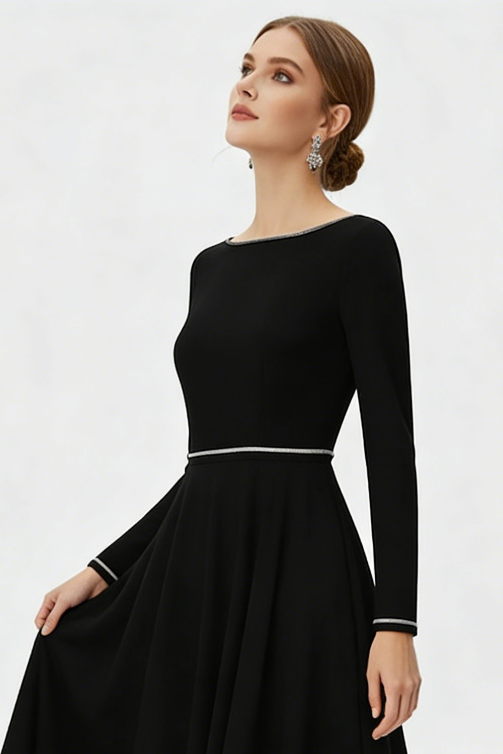 Black Formal Dress A-Line Crew Neck Long Sleeve Chiffon Maxi Dress 