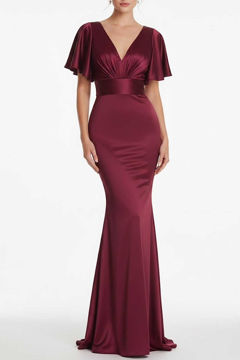 Burgundy Formal Evening Dress Mermaid V-Neck Satin Maxi Dress