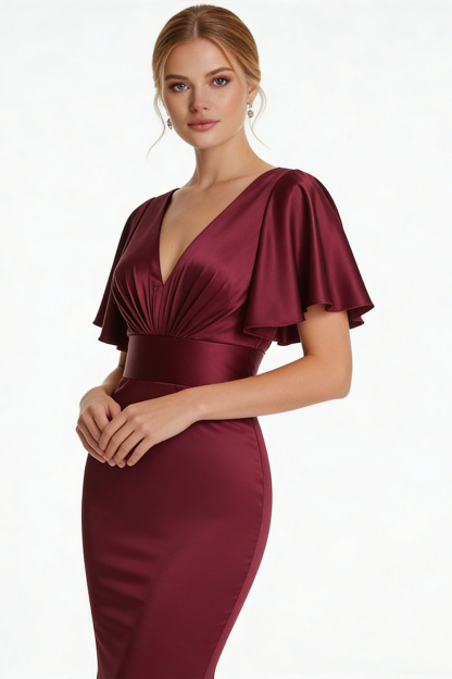 Burgundy Formal Evening Dress Mermaid V-Neck Satin Maxi Dress 