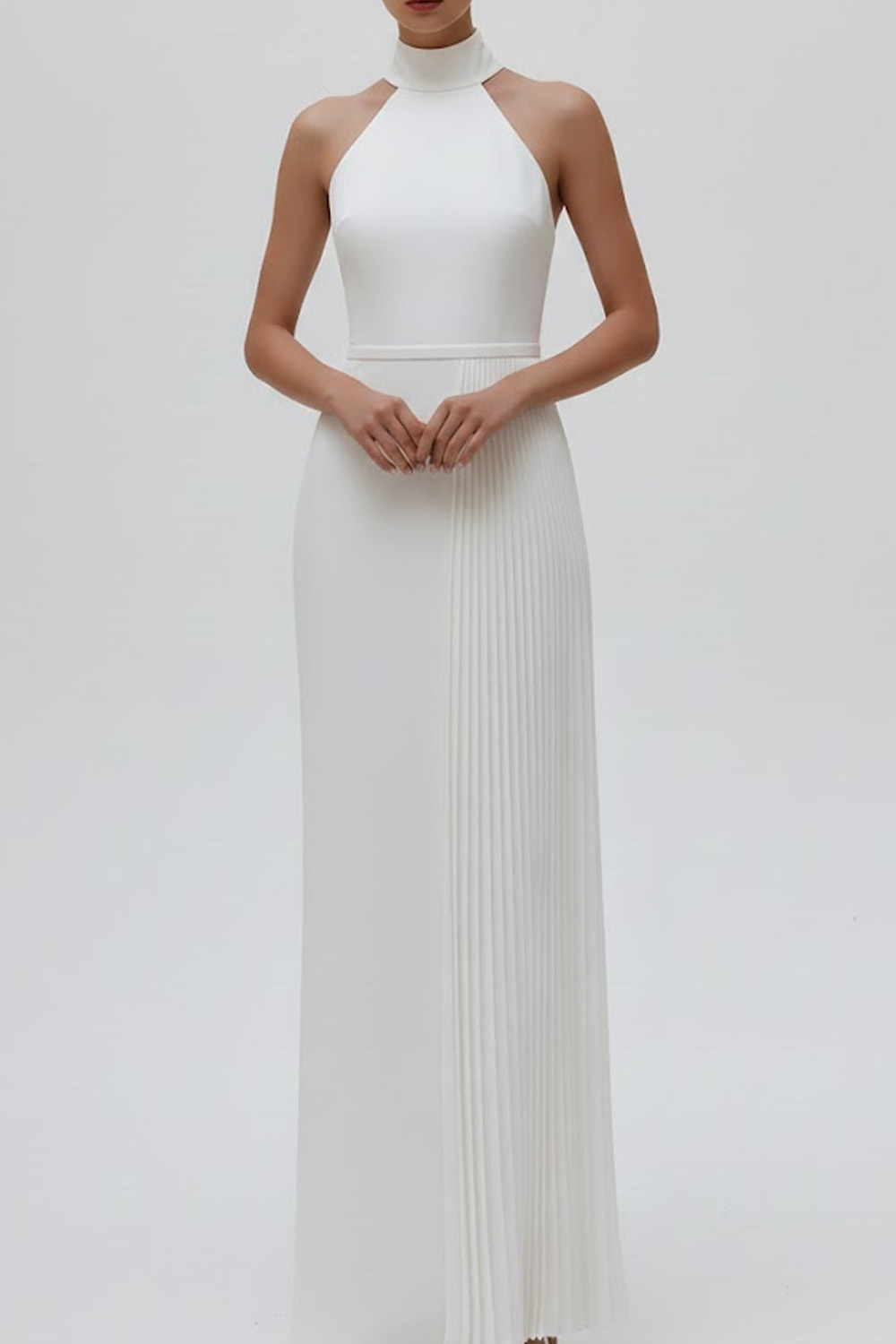 White Formal Evening Dress Sheath Halter Pleated Maxi Dress 