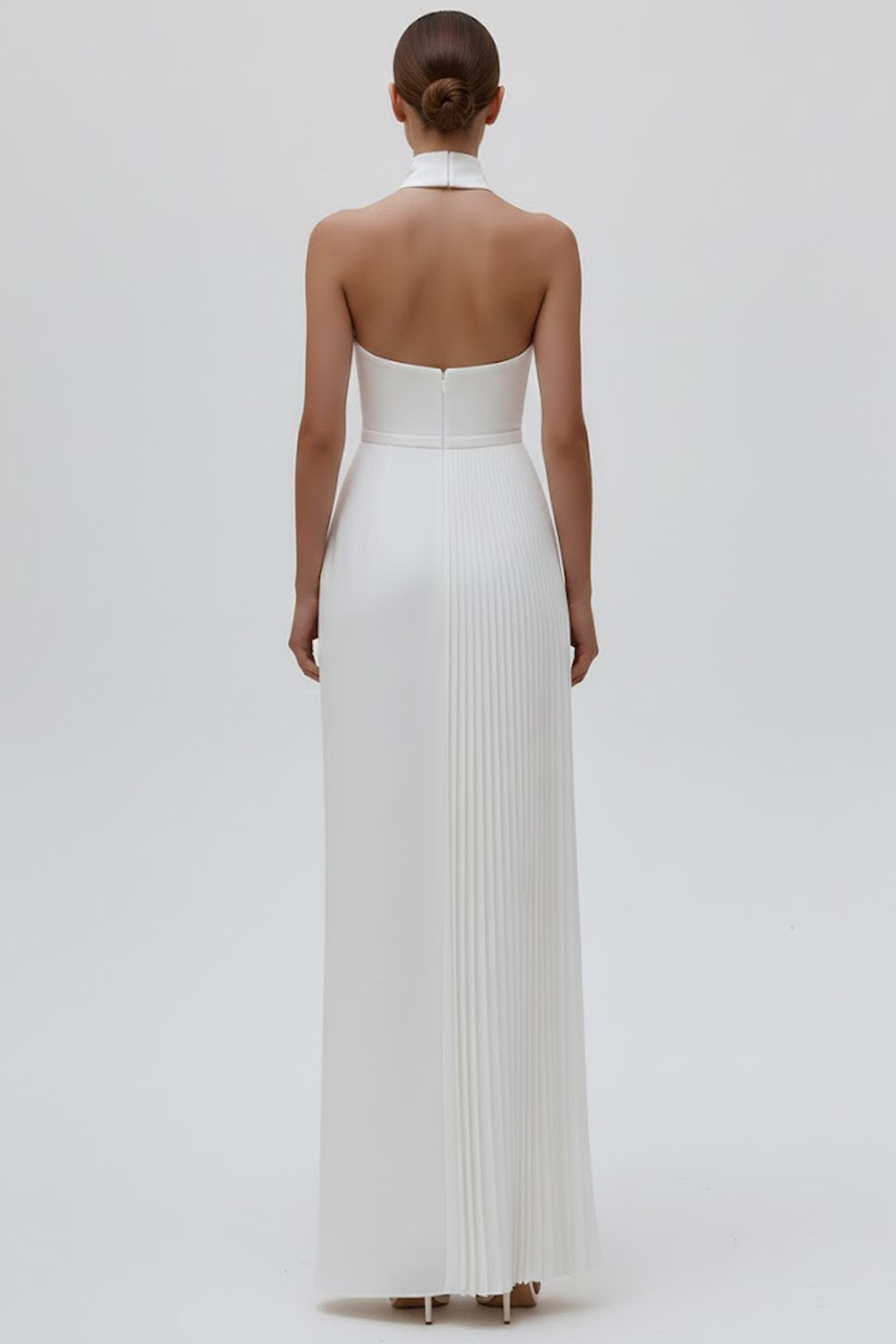 White Formal Evening Dress Sheath Halter Pleated Maxi Dress 