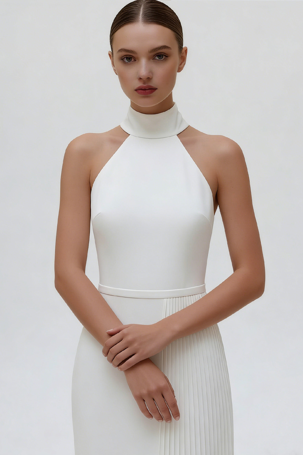 White Formal Evening Dress Sheath Halter Pleated Maxi Dress 