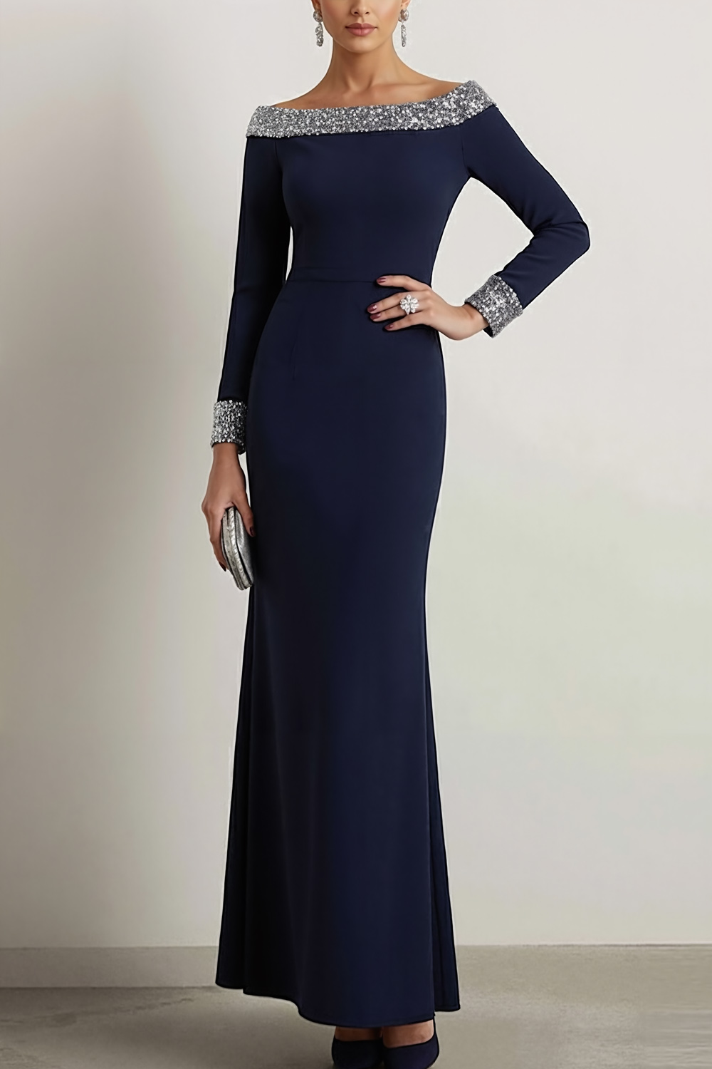 Navy Evening Formal Dress Sheath Crew Neck Maxi Dress with Sequin