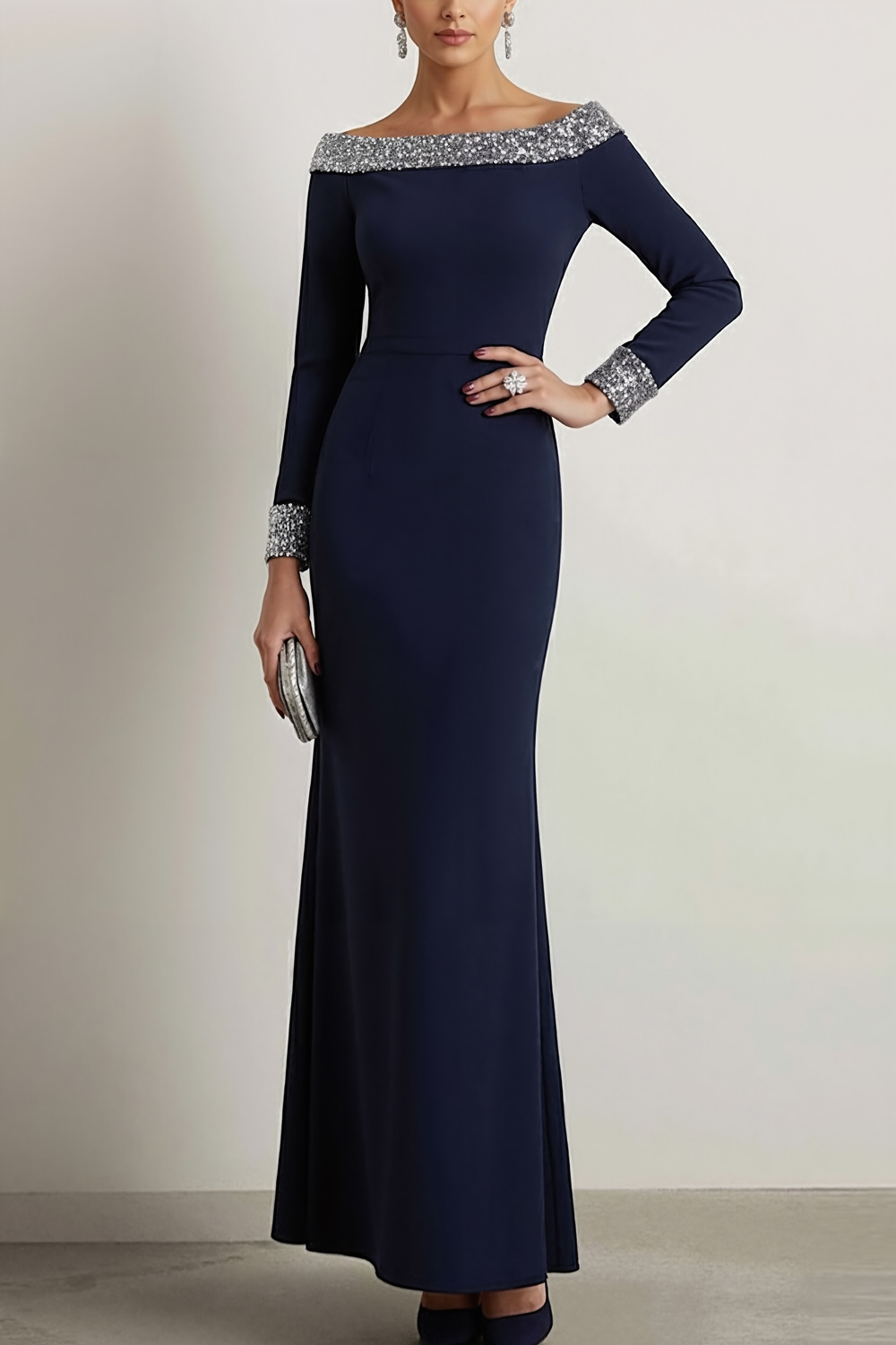 Navy Evening Formal Dress Sheath Crew Neck Maxi Dress with Sequin