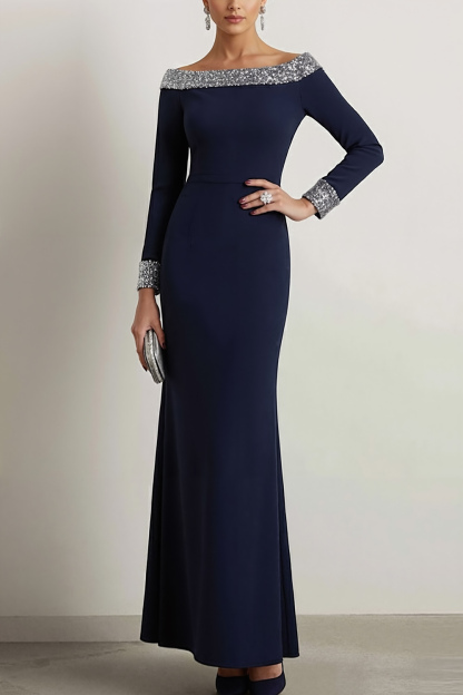 Navy Evening Formal Dress Sheath Crew Neck Maxi Dress with Sequin