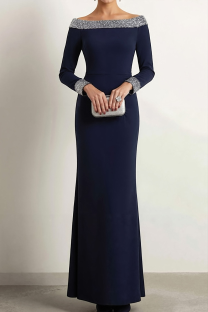 Navy Evening Formal Dress Sheath Crew Neck Maxi Dress with Sequin