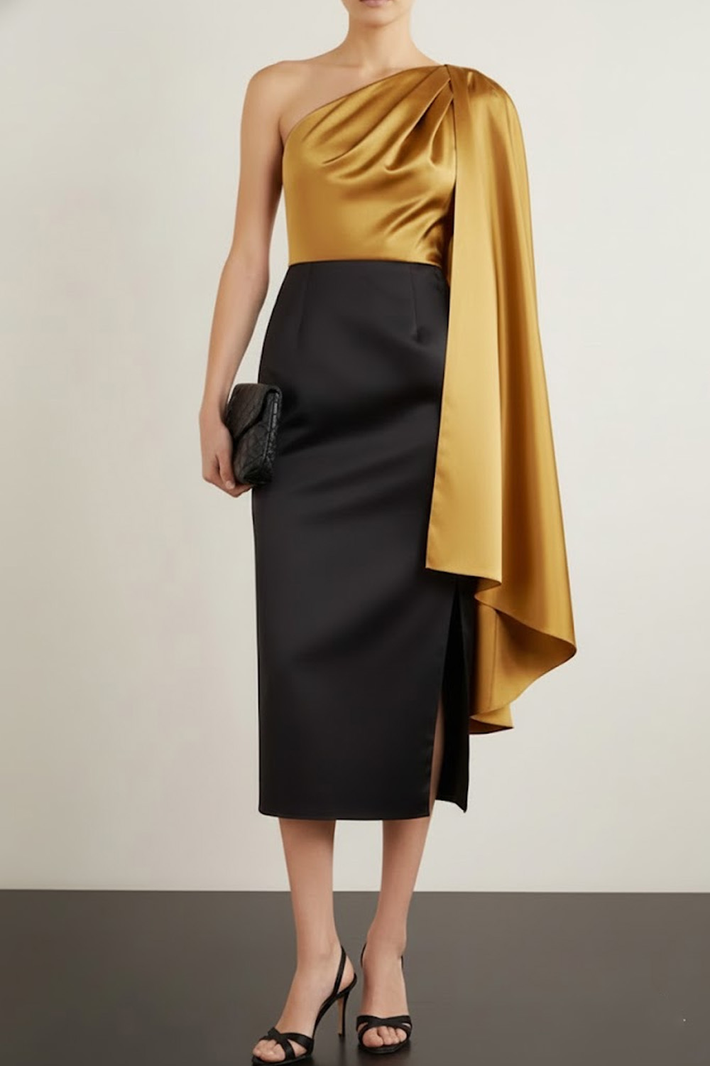 Golden Formal Dress One Shoulder Satin Midi Dress with Cape