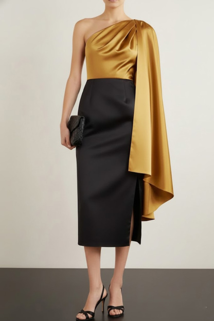 Golden Formal Dress One Shoulder Satin Midi Dress with Cape