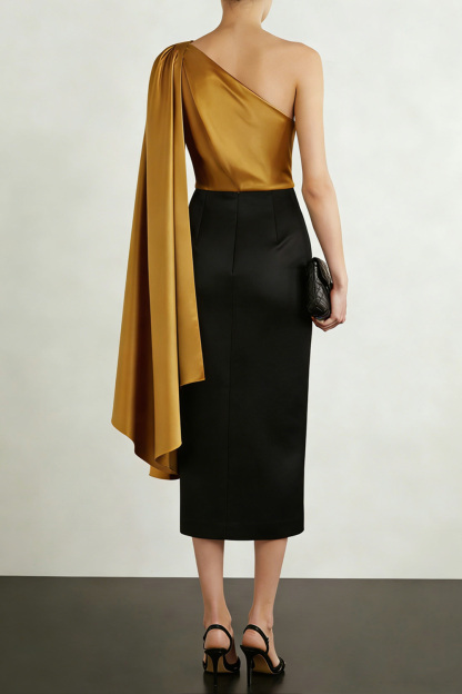 Golden Formal Dress One Shoulder Satin Midi Dress with Cape