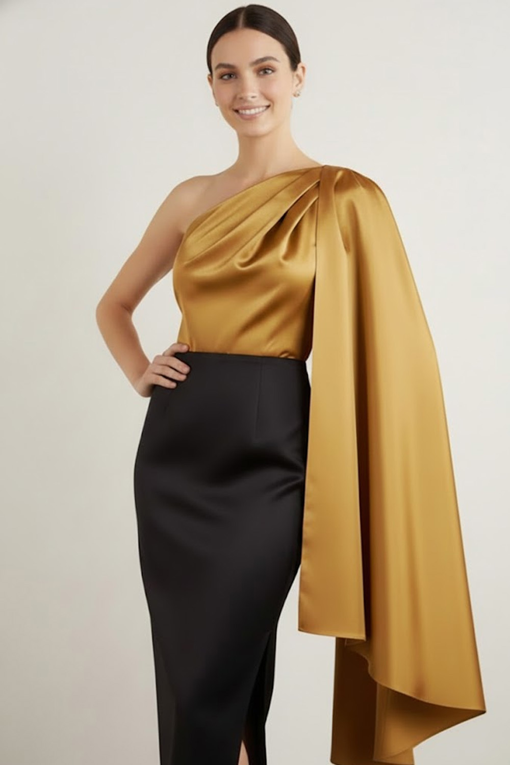 Golden Formal Dress One Shoulder Satin Midi Dress with Cape