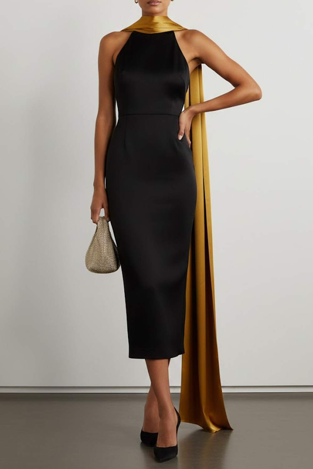 Black Formal Evening Dress Sleeveless Satin Midi Dress with Scarf