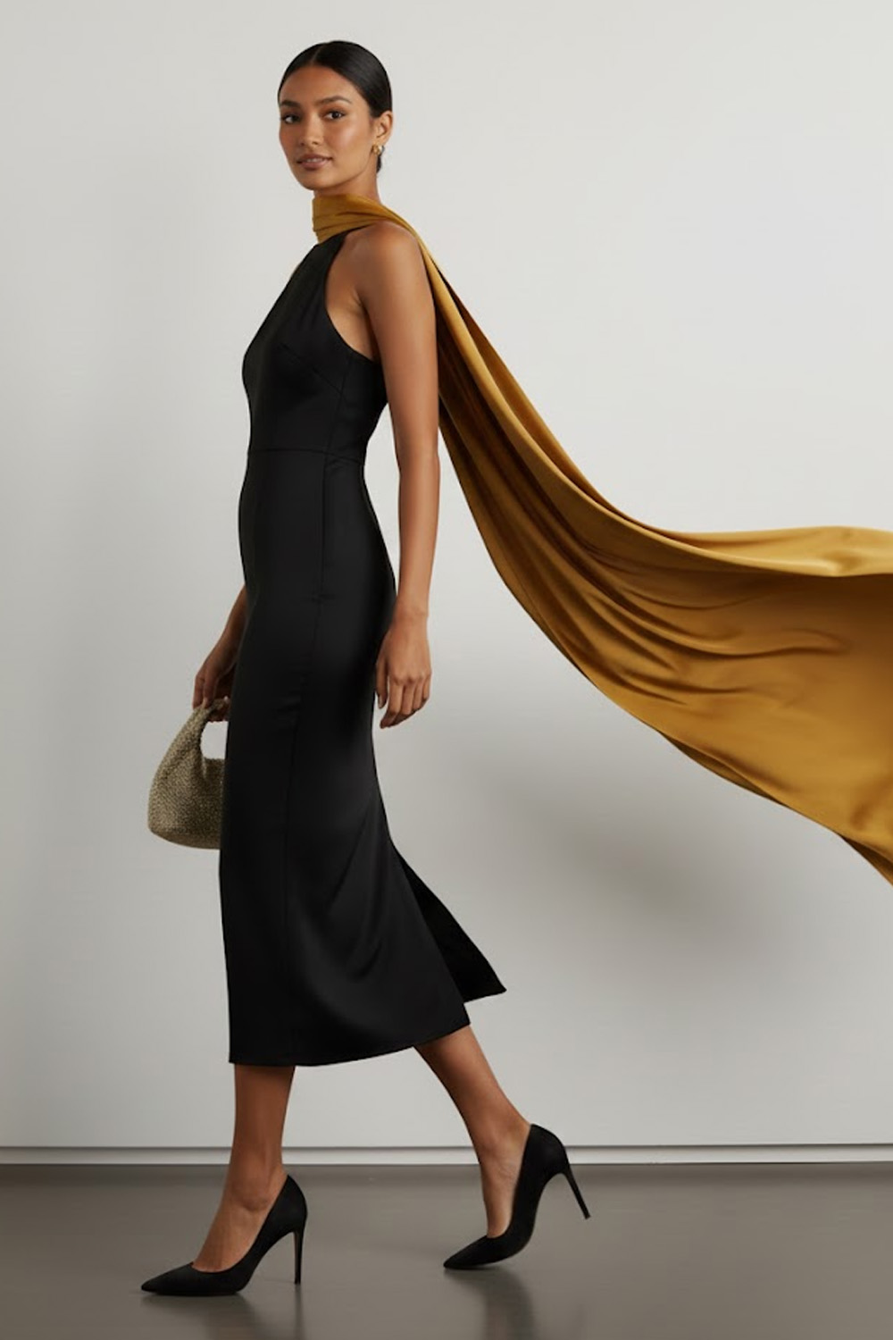 Black Formal Evening Dress Sleeveless Satin Midi Dress with Scarf