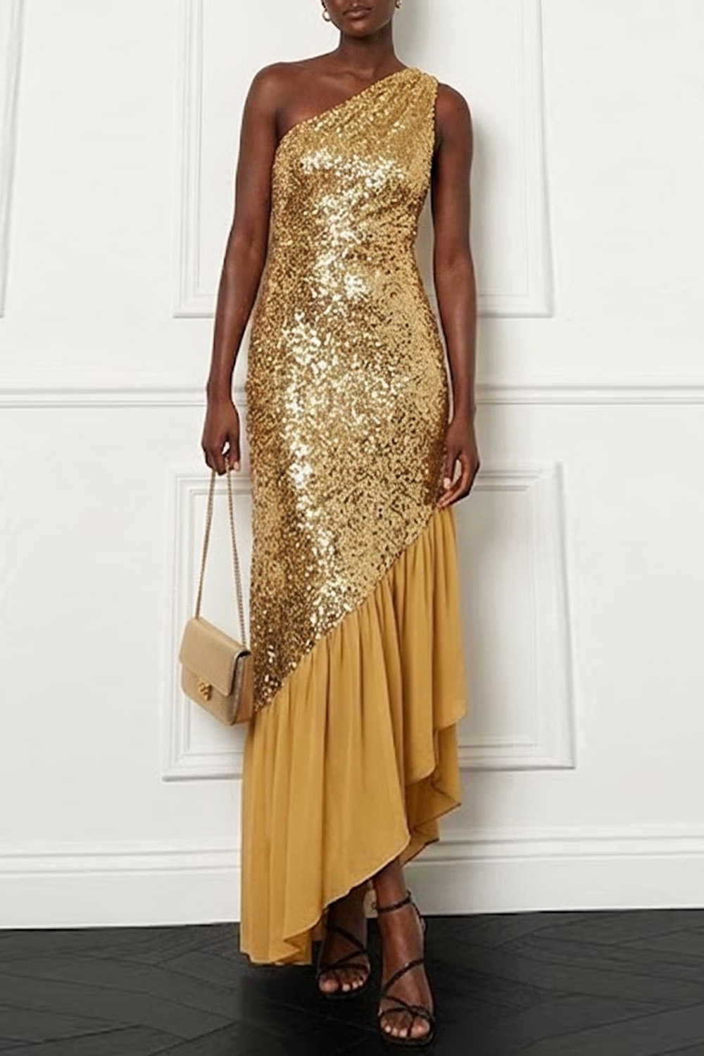Golden Formal Party Dress One Shoulder Sequin Asymmetrical Dress with Ruffle
