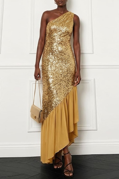 Golden Formal Party Dress One Shoulder Sequin Asymmetrical Dress with Ruffle
