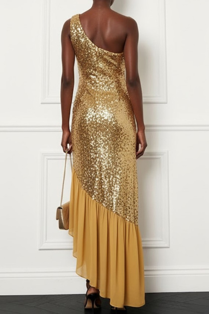 Golden Formal Party Dress One Shoulder Sequin Asymmetrical Dress with Ruffle