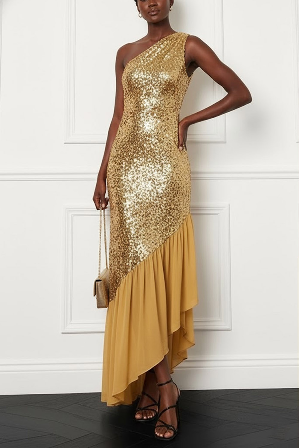 Golden Formal Party Dress One Shoulder Sequin Asymmetrical Dress with Ruffle