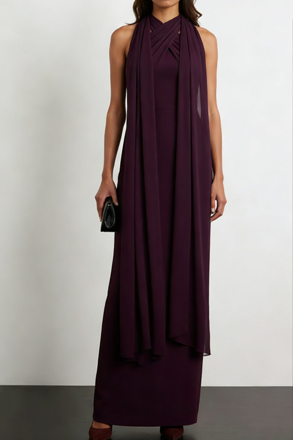 Dark Purple Formal Dress Sheath Halter Maxi Dress with Scarf