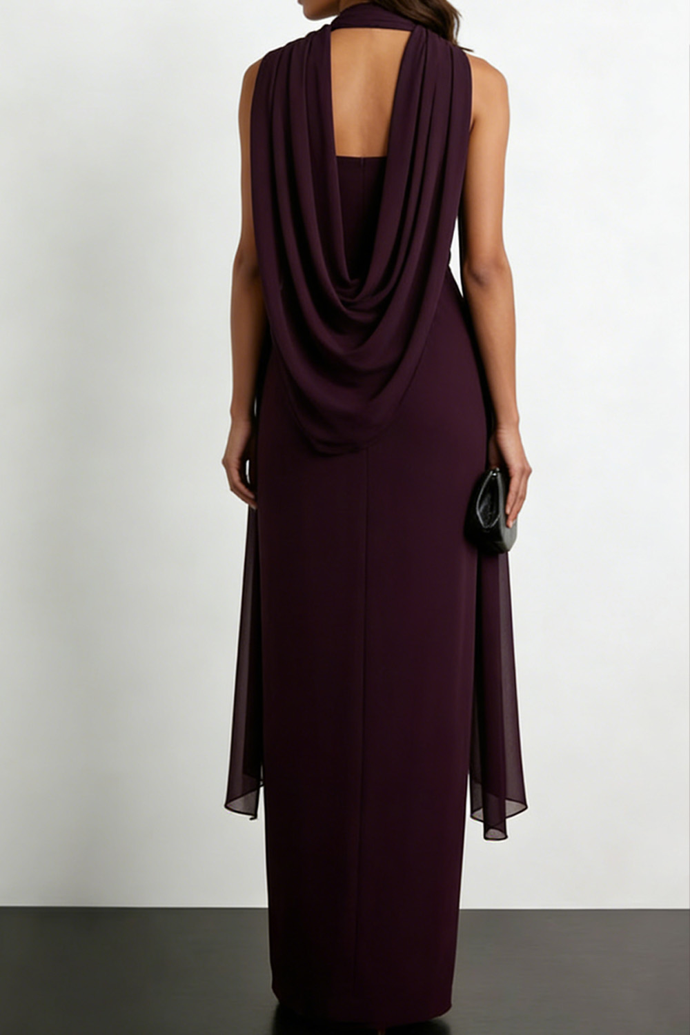 Dark Purple Formal Dress Sheath Halter Maxi Dress with Scarf