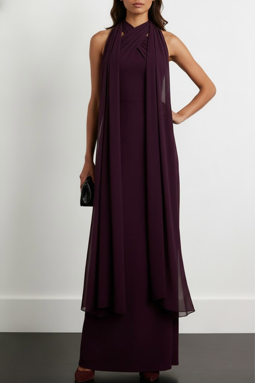 Dark Purple Formal Dress Sheath Halter Maxi Dress with Scarf-chiclody