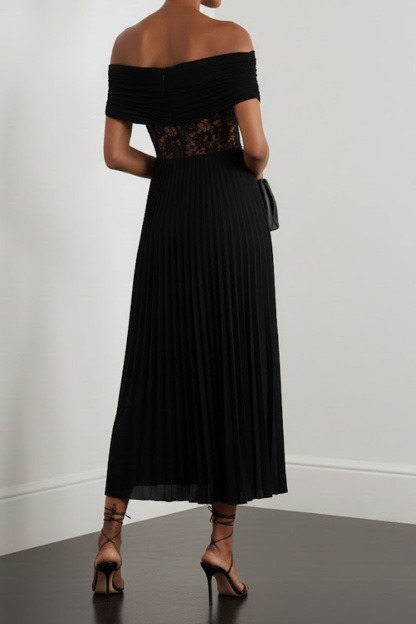 Black Formal Dress A-Line Off the Shoulder Pleated Chiffon Midi Dress 