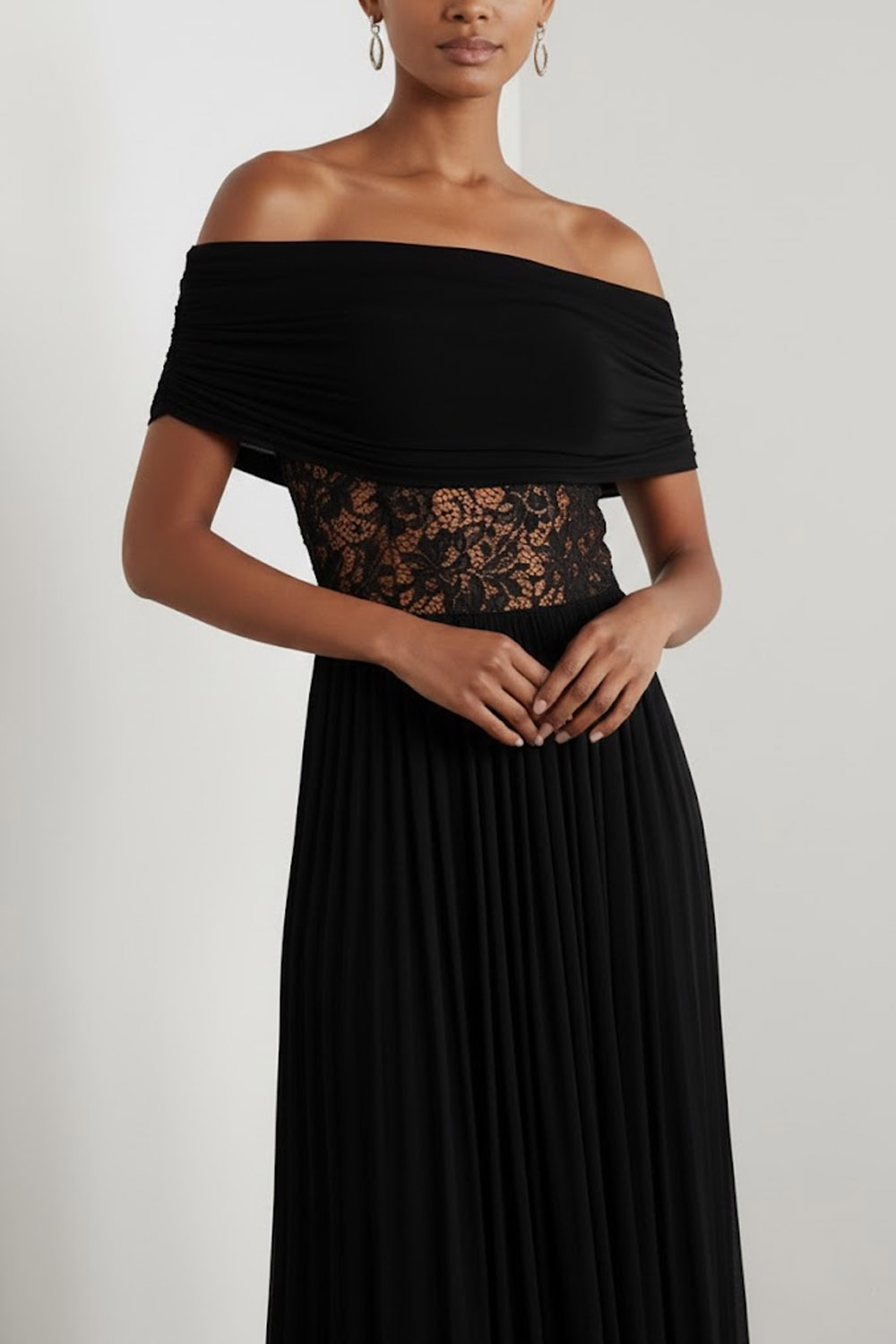 Black Formal Dress A-Line Off the Shoulder Pleated Chiffon Midi Dress 