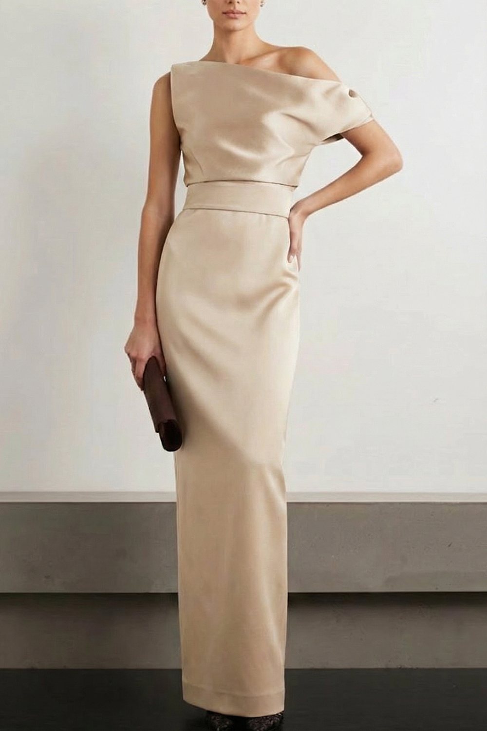 Navy Formal Dress Sheath Asymmetrical Neck Satin Maxi Dress