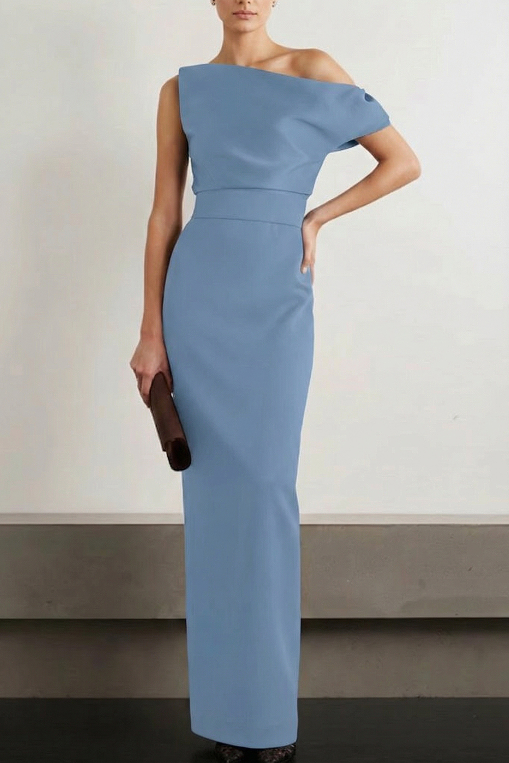 Navy Formal Dress Sheath Asymmetrical Neck Satin Maxi Dress