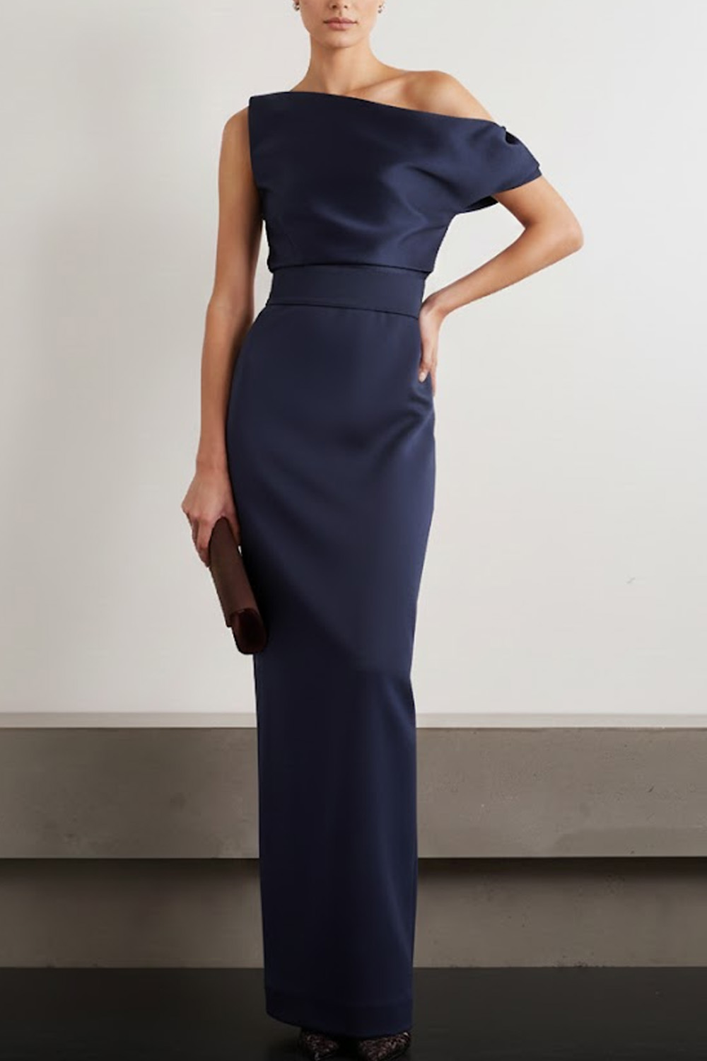 Navy Formal Dress Sheath Asymmetrical Neck Satin Maxi Dress
