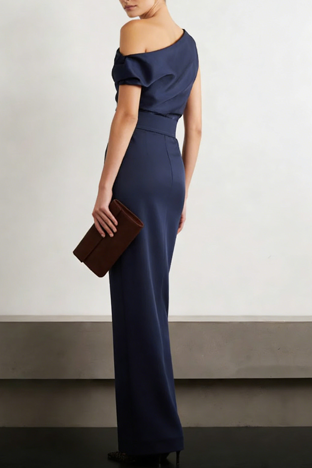 Navy Formal Dress Sheath Asymmetrical Neck Satin Maxi Dress