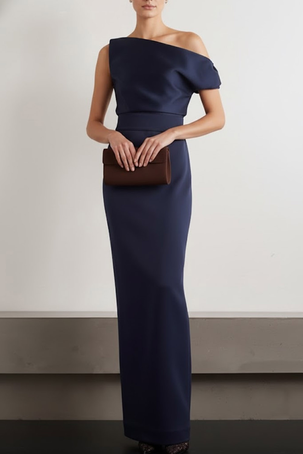Navy Formal Dress Sheath Asymmetrical Neck Satin Maxi Dress