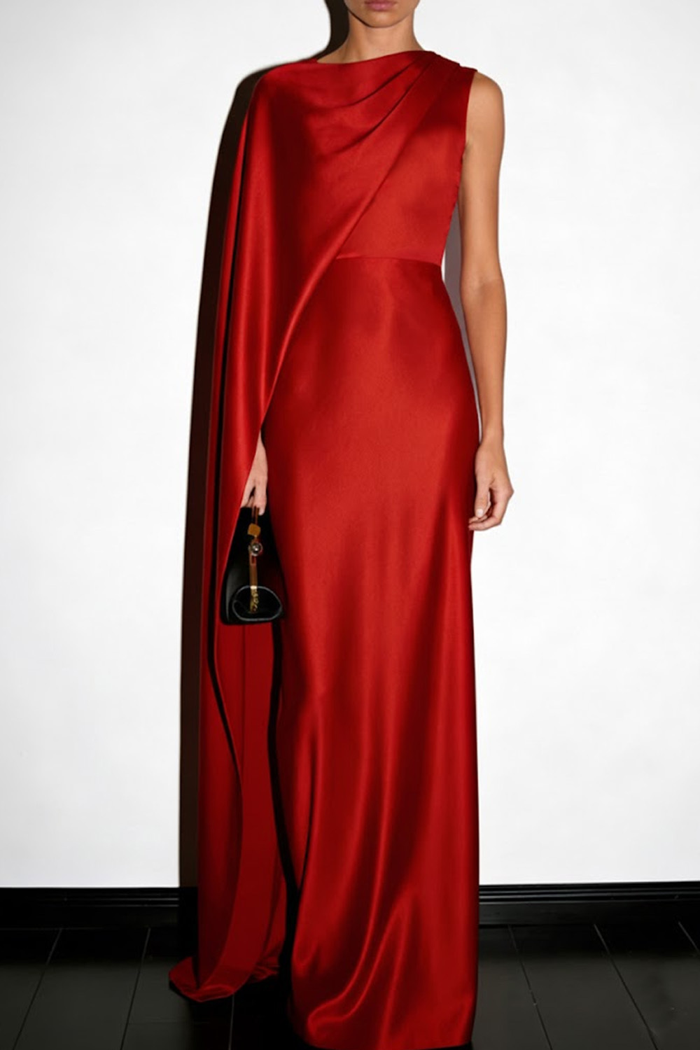 Red Evening Formal Dress One Shoulder Satin Maxi Dress with Cape