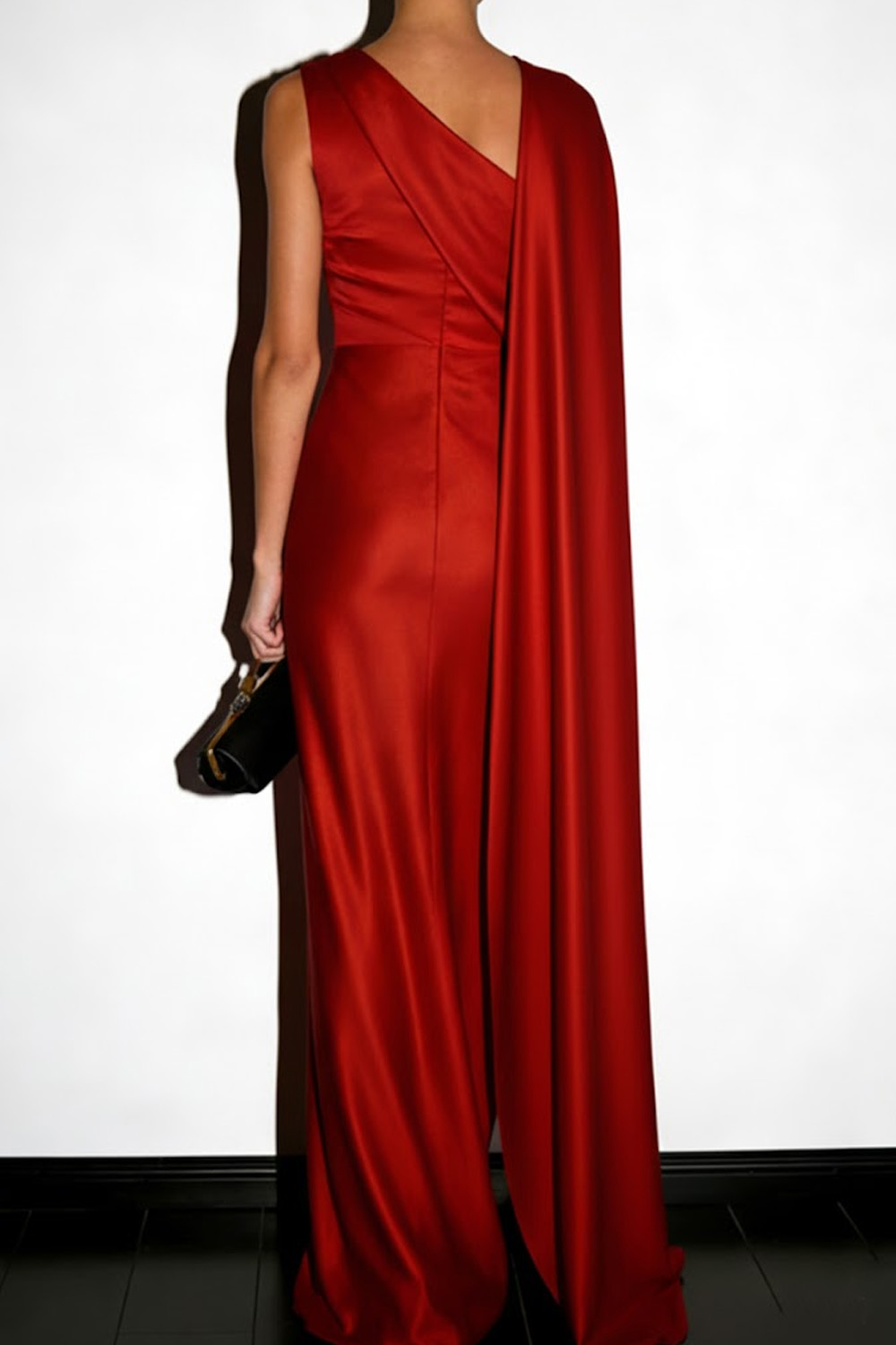 Red Evening Formal Dress One Shoulder Satin Maxi Dress with Cape