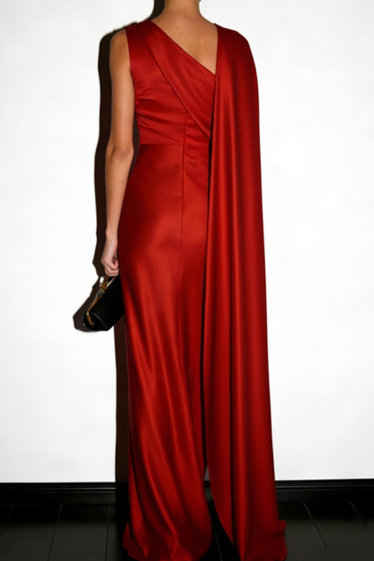 Red Evening Formal Dress One Shoulder Satin Maxi Dress with Cape
